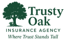 Logo for Trusty Oak Insurance Agency featuring a large oak tree with a squirrel, and the tagline "Where Trust Stands Tall" beneath the agency name.